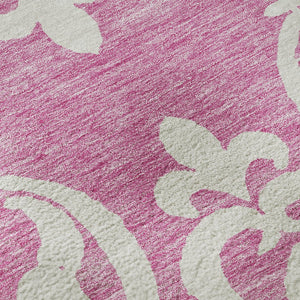 HomeRoots 8' Blush and Ivory Damask Round Rug - Washable, UV Protected, Stain Resistant for High-Traffic Areas 676905