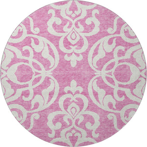 HomeRoots 8' Blush and Ivory Damask Round Rug - Washable, UV Protected, Stain Resistant for High-Traffic Areas 676905