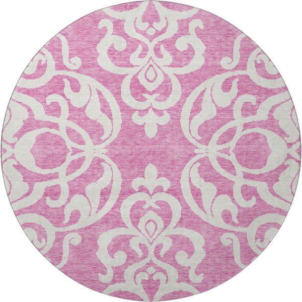 HomeRoots 8' Blush and Ivory Damask Round Rug - Washable, UV Protected, Stain Resistant for High-Traffic Areas 676905