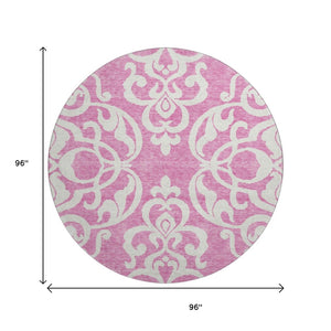 HomeRoots 8' Blush and Ivory Damask Round Rug - Washable, UV Protected, Stain Resistant for High-Traffic Areas 676905