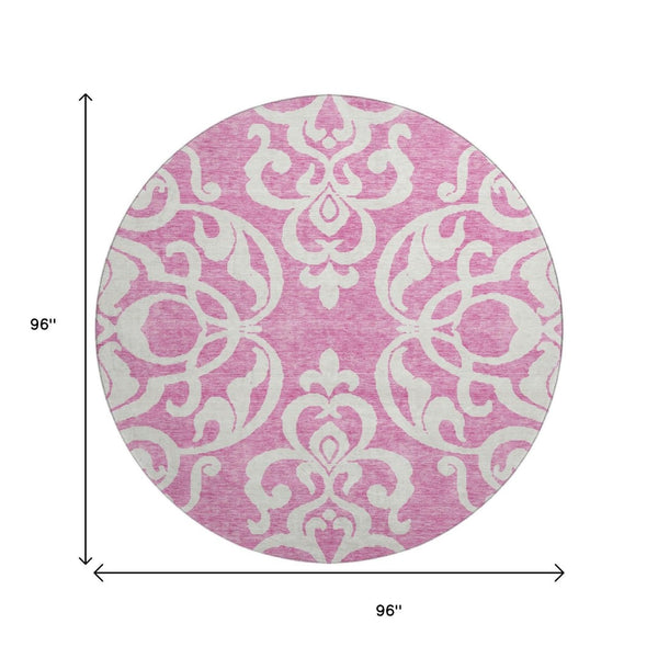 HomeRoots 8' Blush and Ivory Damask Round Rug - Washable, UV Protected, Stain Resistant for High-Traffic Areas 676905