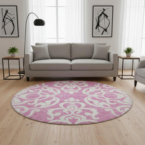 HomeRoots 8' Blush and Ivory Damask Round Rug - Washable, UV Protected, Stain Resistant for High-Traffic Areas 676905