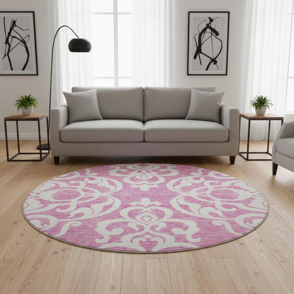 HomeRoots 8' Blush and Ivory Damask Round Rug - Washable, UV Protected, Stain Resistant for High-Traffic Areas 676905