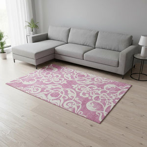 HomeRoots 8' X 10' Blush And Ivory Damask Area Rug - Stylish, Washable, UV Protected for Family Spaces! 676906