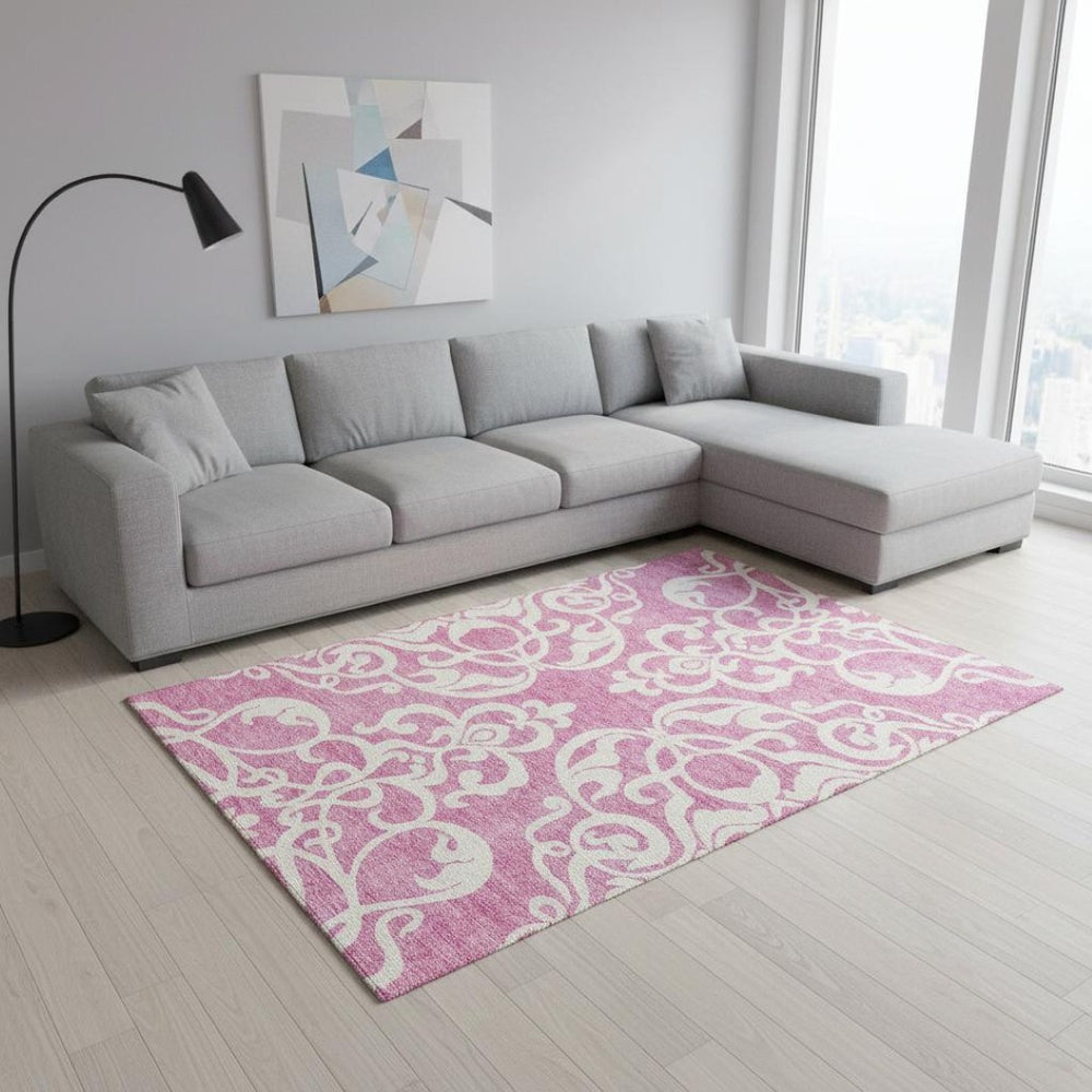 HomeRoots 9' X 12' Blush & Ivory Damask Area Rug - Washable, UV Protected, Ideal for High-Traffic Spaces 676907