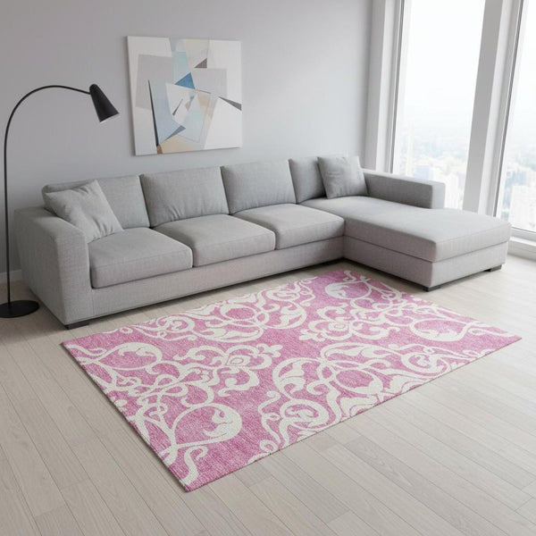 HomeRoots 9' X 12' Blush & Ivory Damask Area Rug - Washable, UV Protected, Ideal for High-Traffic Spaces 676907