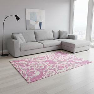 HomeRoots 10' x 14' Blush & Ivory Damask Area Rug - Washable, Stain-Resistant, UV-Protected for High-Traffic Areas 676908