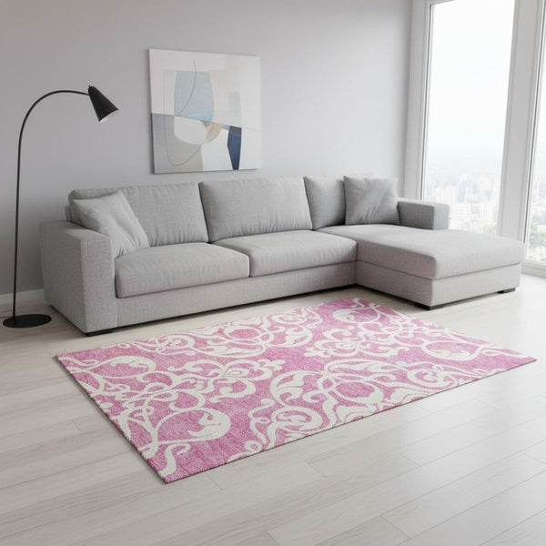 HomeRoots 10' x 14' Blush & Ivory Damask Area Rug - Washable, Stain-Resistant, UV-Protected for High-Traffic Areas 676908