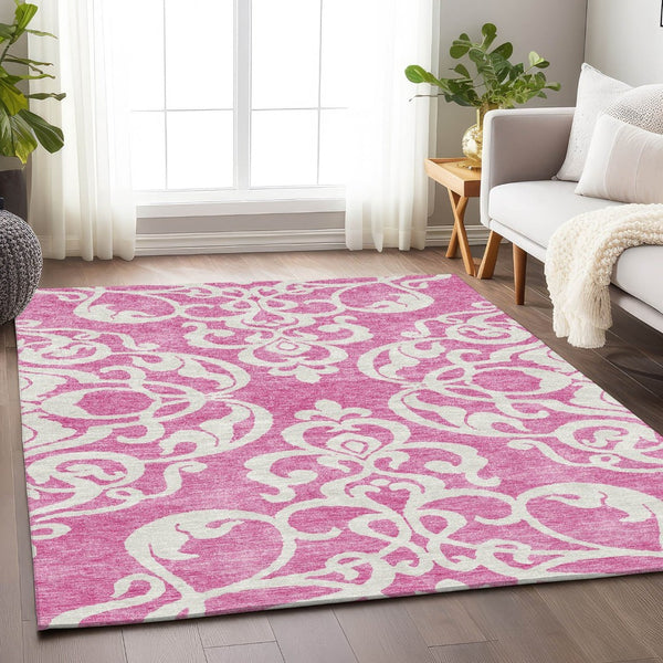 HomeRoots 10' x 14' Blush & Ivory Damask Area Rug - Washable, Stain-Resistant, UV-Protected for High-Traffic Areas 676908