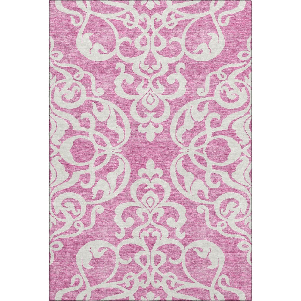 HomeRoots 10' x 14' Blush & Ivory Damask Area Rug - Washable, Stain-Resistant, UV-Protected for High-Traffic Areas 676908