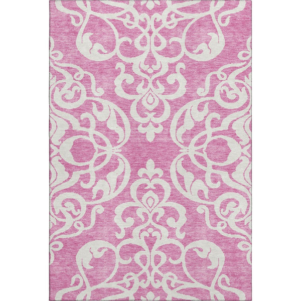 HomeRoots 10' x 14' Blush & Ivory Damask Area Rug - Washable, Stain-Resistant, UV-Protected for High-Traffic Areas 676908