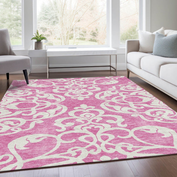HomeRoots 10' x 14' Blush & Ivory Damask Area Rug - Washable, Stain-Resistant, UV-Protected for High-Traffic Areas 676908