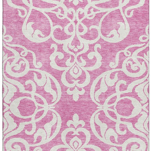 HomeRoots 10' x 14' Blush & Ivory Damask Area Rug - Washable, Stain-Resistant, UV-Protected for High-Traffic Areas 676908