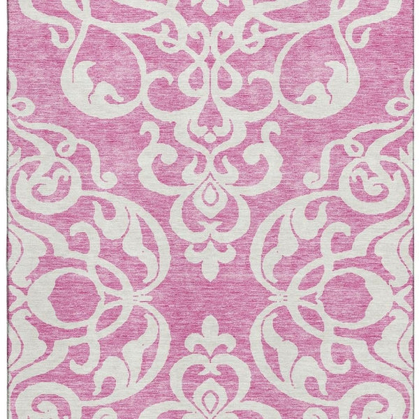 HomeRoots 10' x 14' Blush & Ivory Damask Area Rug - Washable, Stain-Resistant, UV-Protected for High-Traffic Areas 676908