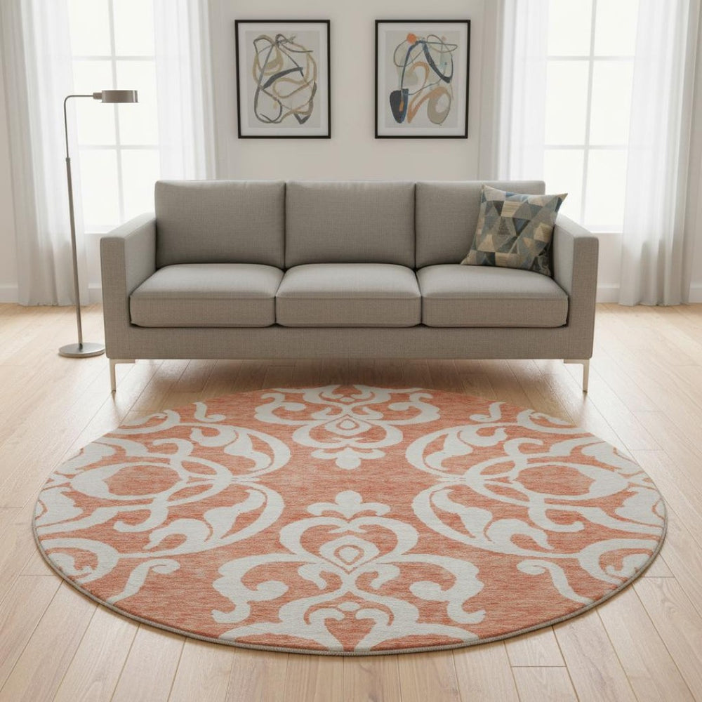 HomeRoots 8' Coral and Ivory Damask Washable Round Rug - UV Protected, Stain Resistant, Ideal for Homes 676911