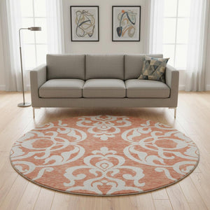 HomeRoots 8' Coral and Ivory Damask Washable Round Rug - UV Protected, Stain Resistant, Ideal for Homes 676911