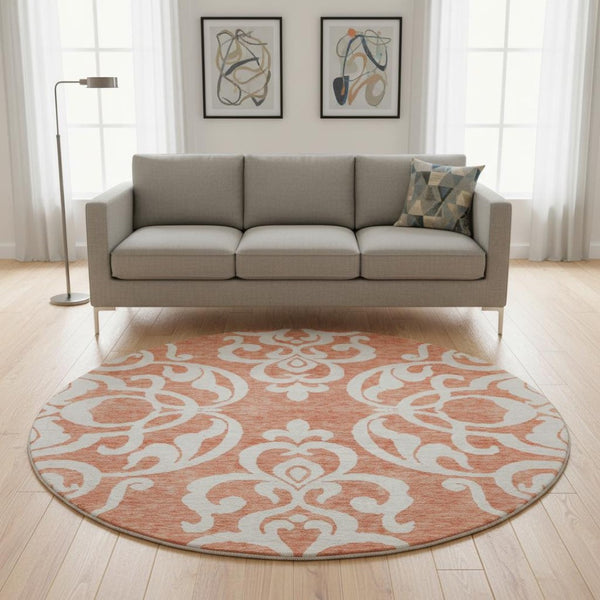 HomeRoots 8' Coral and Ivory Damask Washable Round Rug - UV Protected, Stain Resistant, Ideal for Homes 676911