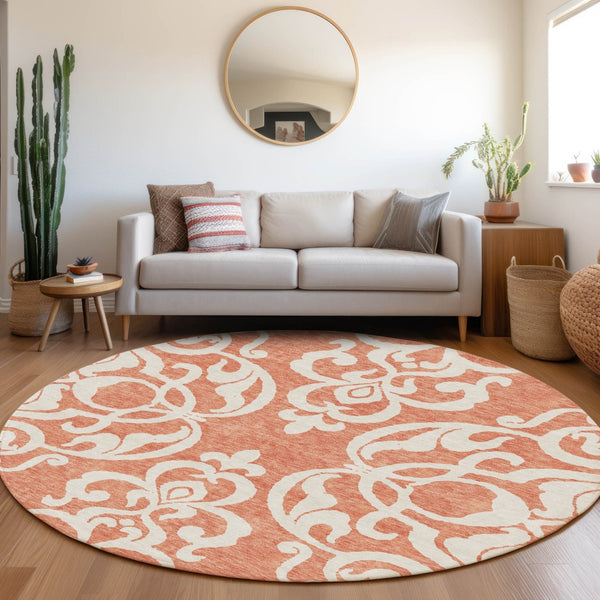 HomeRoots 8' Coral and Ivory Damask Washable Round Rug - UV Protected, Stain Resistant, Ideal for Homes 676911