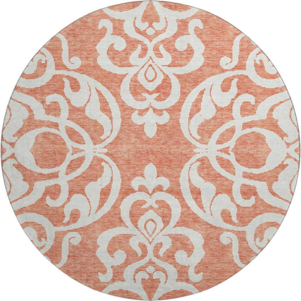 HomeRoots 8' Coral and Ivory Damask Washable Round Rug - UV Protected, Stain Resistant, Ideal for Homes 676911