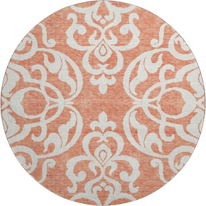 HomeRoots 8' Coral and Ivory Damask Washable Round Rug - UV Protected, Stain Resistant, Ideal for Homes 676911