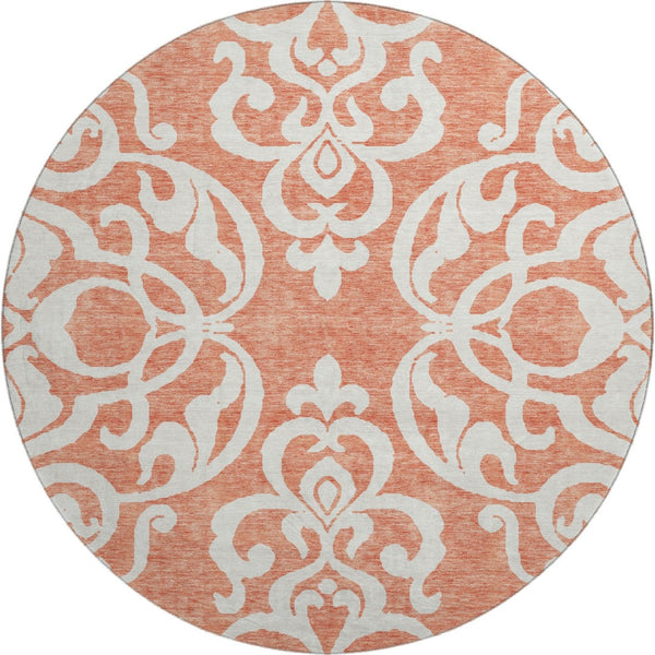 HomeRoots 8' Coral and Ivory Damask Washable Round Rug - UV Protected, Stain Resistant, Ideal for Homes 676911
