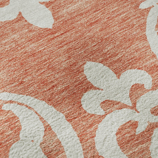 HomeRoots 8' Coral and Ivory Damask Washable Round Rug - UV Protected, Stain Resistant, Ideal for Homes 676911