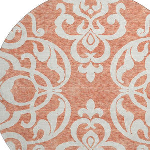 HomeRoots 8' Coral and Ivory Damask Washable Round Rug - UV Protected, Stain Resistant, Ideal for Homes 676911