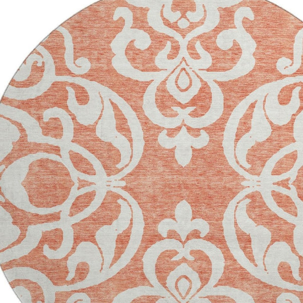 HomeRoots 8' Coral and Ivory Damask Washable Round Rug - UV Protected, Stain Resistant, Ideal for Homes 676911