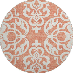 HomeRoots 8' Coral and Ivory Damask Washable Round Rug - UV Protected, Stain Resistant, Ideal for Homes 676911
