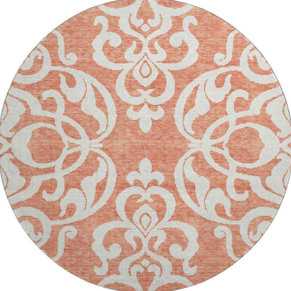 HomeRoots 8' Coral and Ivory Damask Washable Round Rug - UV Protected, Stain Resistant, Ideal for Homes 676911