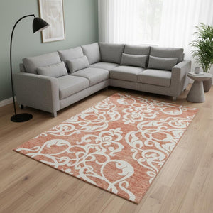 HomeRoots 8' X 10' Coral and Ivory Damask Area Rug - Durable, UV-Protected, Stain-Resistant for Stylish Spaces 676912