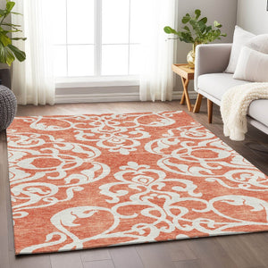 HomeRoots 8' X 10' Coral and Ivory Damask Area Rug - Durable, UV-Protected, Stain-Resistant for Stylish Spaces 676912