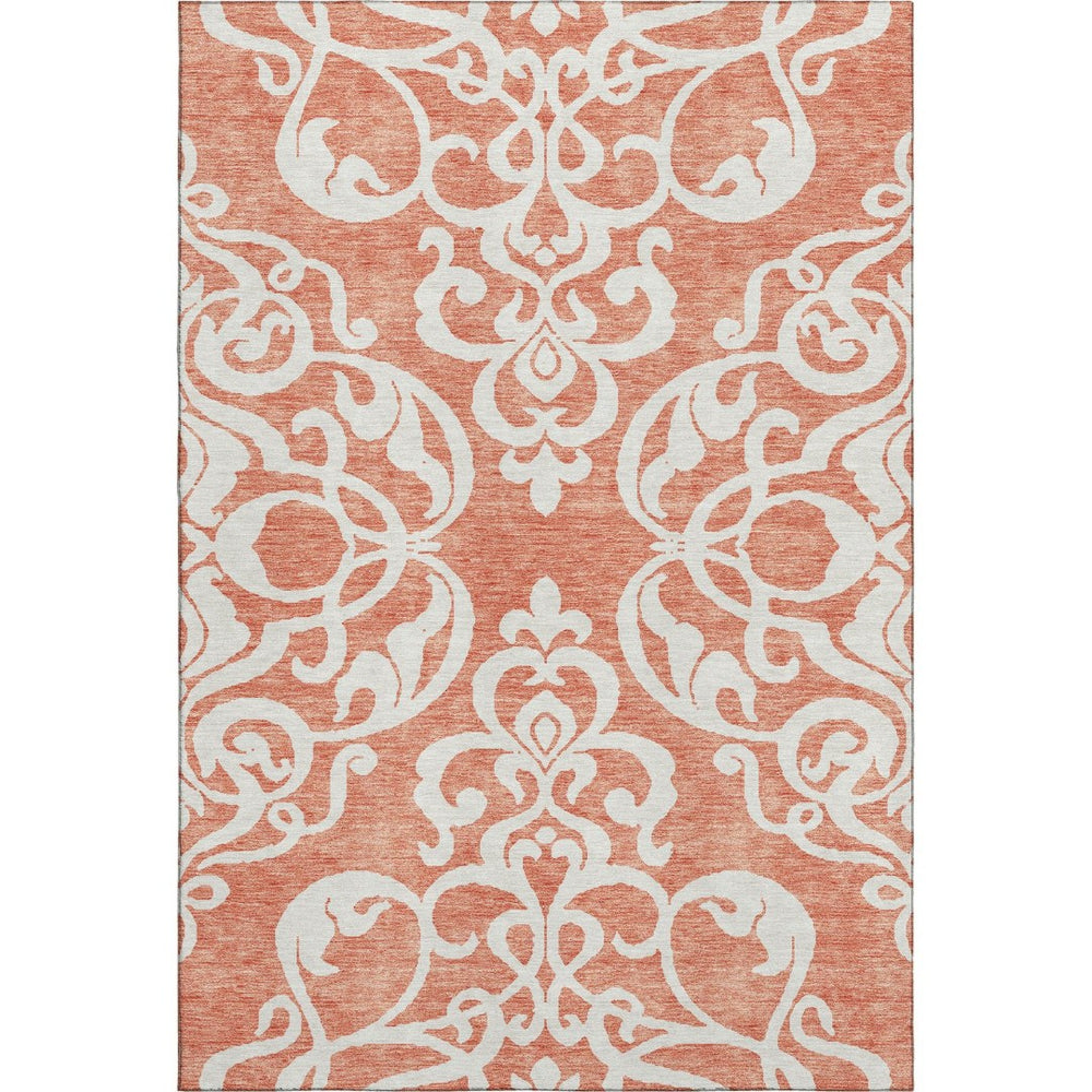HomeRoots 8' X 10' Coral and Ivory Damask Area Rug - Durable, UV-Protected, Stain-Resistant for Stylish Spaces 676912