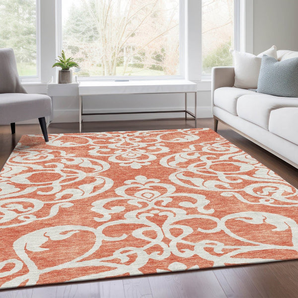 HomeRoots 8' X 10' Coral and Ivory Damask Area Rug - Durable, UV-Protected, Stain-Resistant for Stylish Spaces 676912