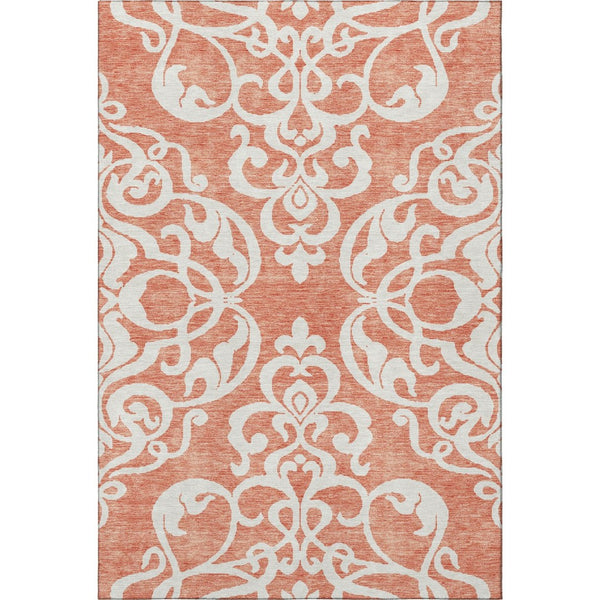 HomeRoots 8' X 10' Coral and Ivory Damask Area Rug - Durable, UV-Protected, Stain-Resistant for Stylish Spaces 676912
