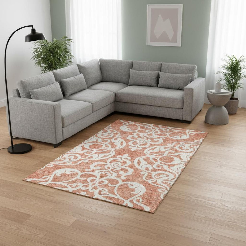HomeRoots 9' X 12' Coral and Ivory Damask Area Rug - Washable, UV Protected, Perfect for Busy Homes & Kids 676913