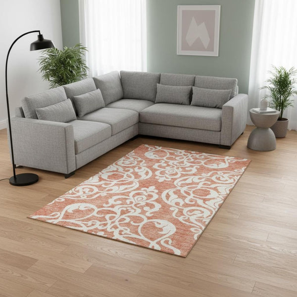 HomeRoots 9' X 12' Coral and Ivory Damask Area Rug - Washable, UV Protected, Perfect for Busy Homes & Kids 676913