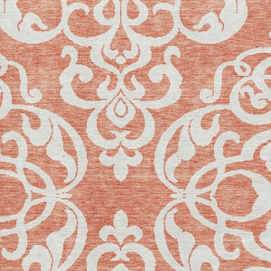 HomeRoots 9' X 12' Coral and Ivory Damask Area Rug - Washable, UV Protected, Perfect for Busy Homes & Kids 676913