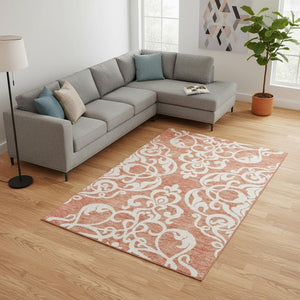 HomeRoots 10' X 14' Coral and Ivory Damask Area Rug - Washable, UV Protected, Stylish and Durable for Homes 676914