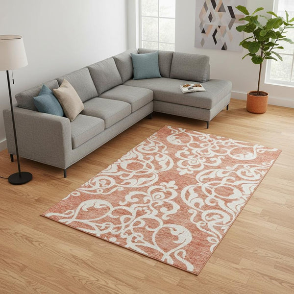 HomeRoots 10' X 14' Coral and Ivory Damask Area Rug - Washable, UV Protected, Stylish and Durable for Homes 676914