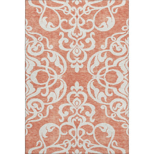 HomeRoots 10' X 14' Coral and Ivory Damask Area Rug - Washable, UV Protected, Stylish and Durable for Homes 676914