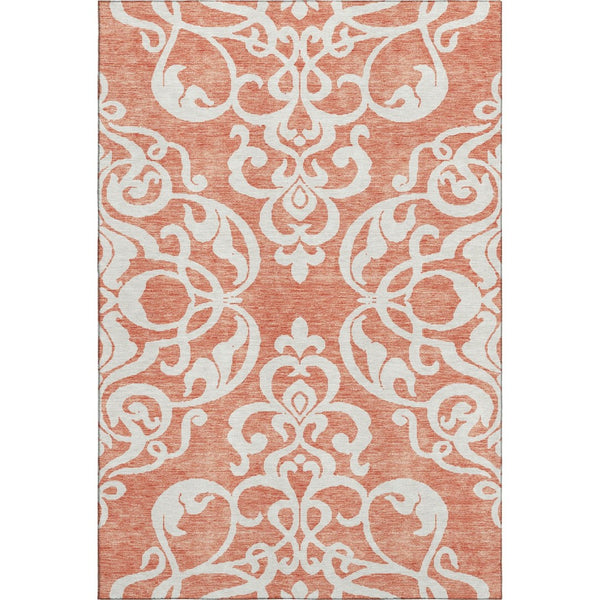 HomeRoots 10' X 14' Coral and Ivory Damask Area Rug - Washable, UV Protected, Stylish and Durable for Homes 676914