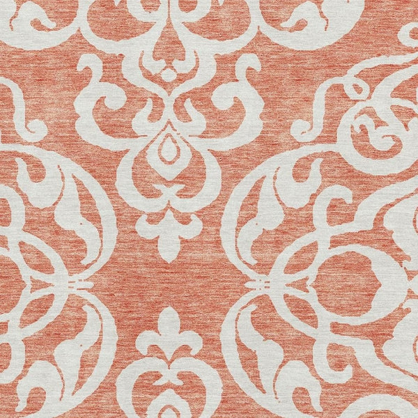 HomeRoots 10' X 14' Coral and Ivory Damask Area Rug - Washable, UV Protected, Stylish and Durable for Homes 676914