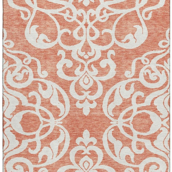 HomeRoots 10' X 14' Coral and Ivory Damask Area Rug - Washable, UV Protected, Stylish and Durable for Homes 676914