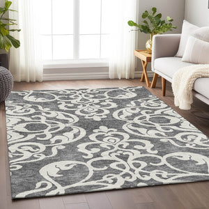 HomeRoots 5' Gray and Ivory Damask Area Rug - Washable, Stain Resistant, UV Protected for Elegant Living Spaces 676916
