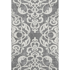 HomeRoots 5' Gray and Ivory Damask Area Rug - Washable, Stain Resistant, UV Protected for Elegant Living Spaces 676916
