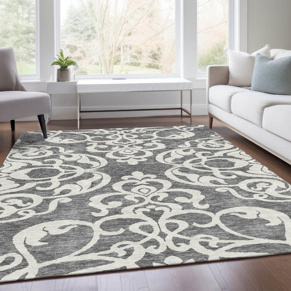 HomeRoots 5' Gray and Ivory Damask Area Rug - Washable, Stain Resistant, UV Protected for Elegant Living Spaces 676916