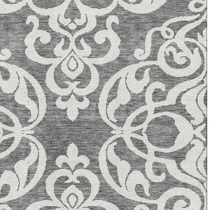 HomeRoots 5' Gray and Ivory Damask Area Rug - Washable, Stain Resistant, UV Protected for Elegant Living Spaces 676916
