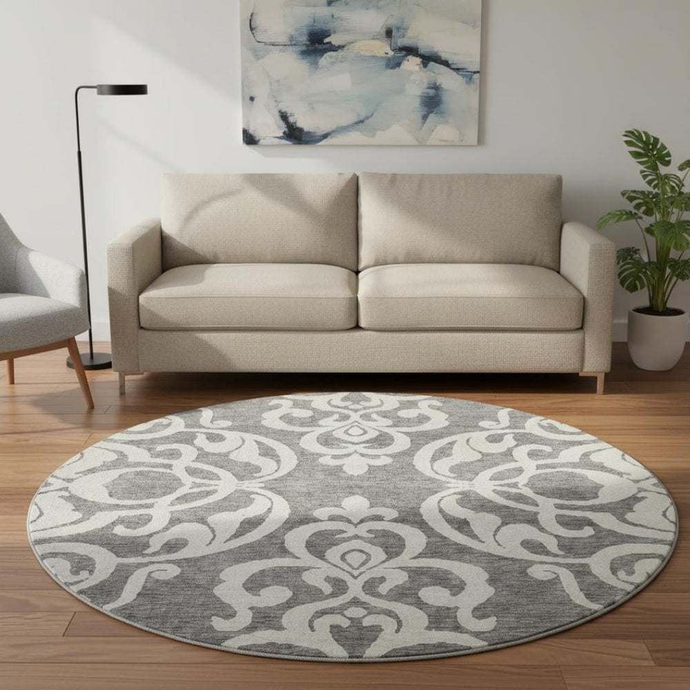 HomeRoots 8' Gray and Ivory Damask Washable Round Rug - Durable, UV Protected, and Perfect for Busy Homes! 676917