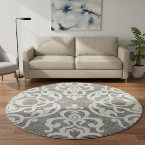 HomeRoots 8' Gray and Ivory Damask Washable Round Rug - Durable, UV Protected, and Perfect for Busy Homes! 676917